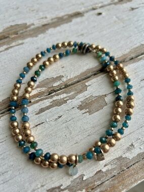Gold Filled and Teal Beaded Double Wrap Bracelet